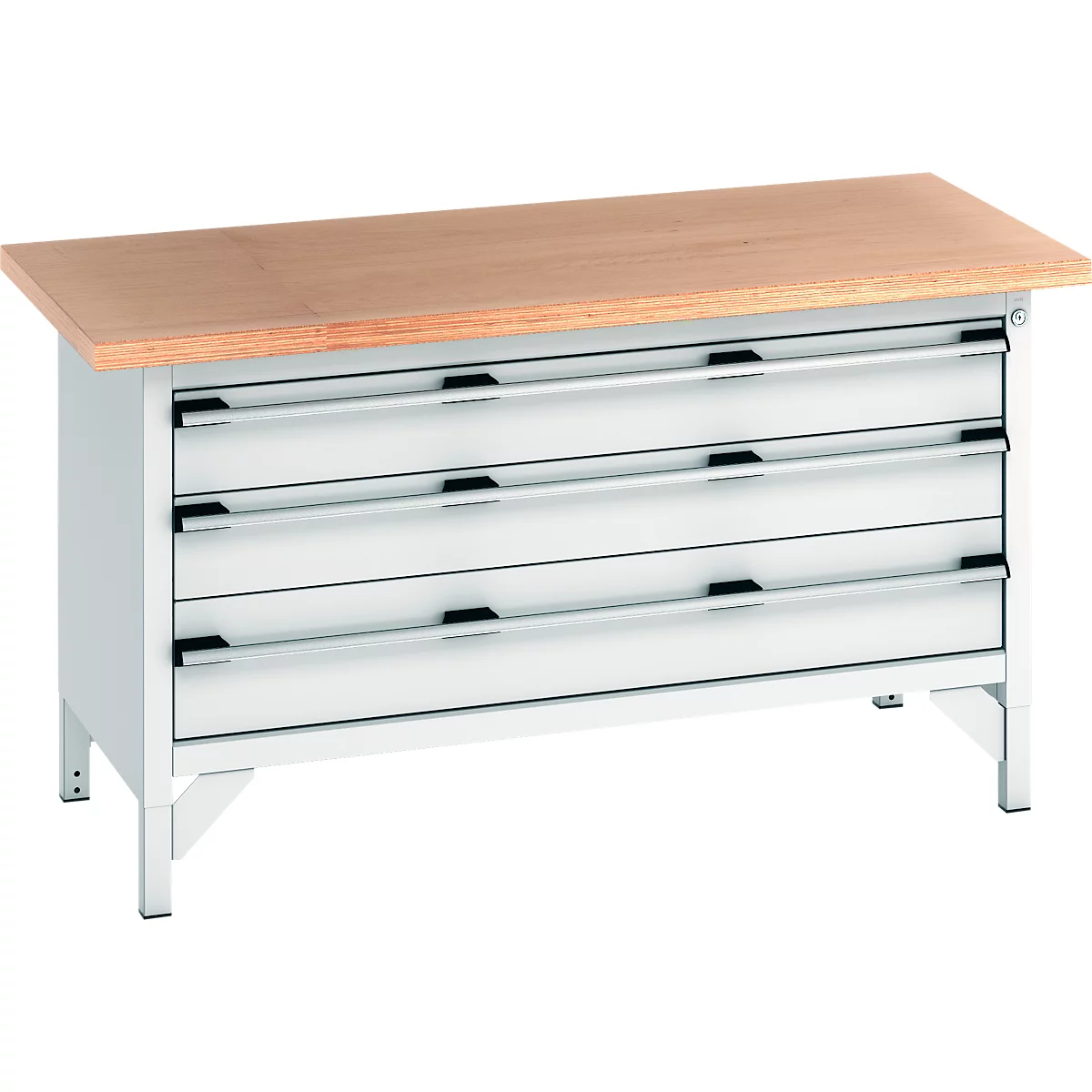 Établi avec plateau en bois et trois tiroirs.