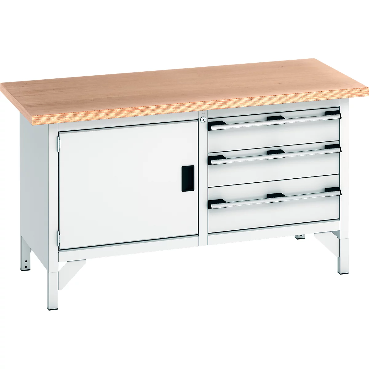 Établi avec plateau en bois, armoire blanche et tiroirs. Tiroirs et porte d'armoire avec poignées noires.