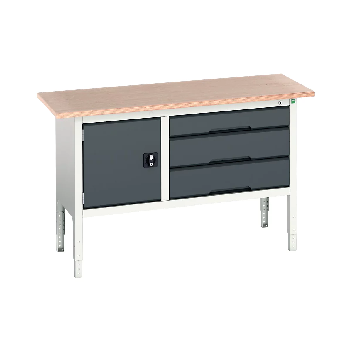 Etabli à caisson Bott verso, avec plateau en multiplex, 3 tiroirs &amp; 1 porte, L 1500 x P 600 x H 830 - 930 mm, gris clair RAL 7035 / gris anthracite RAL 7016