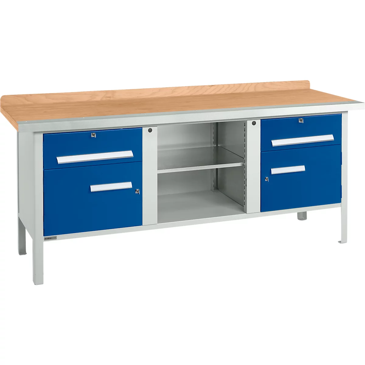 Etabli à caisson Schäfer Shop Select PW 200-0, plateau en hêtre multiplex, avec chant en acier, jusqu'à 750 kg, L 2000 x P 700 x H 840 mm, bleu gentiane