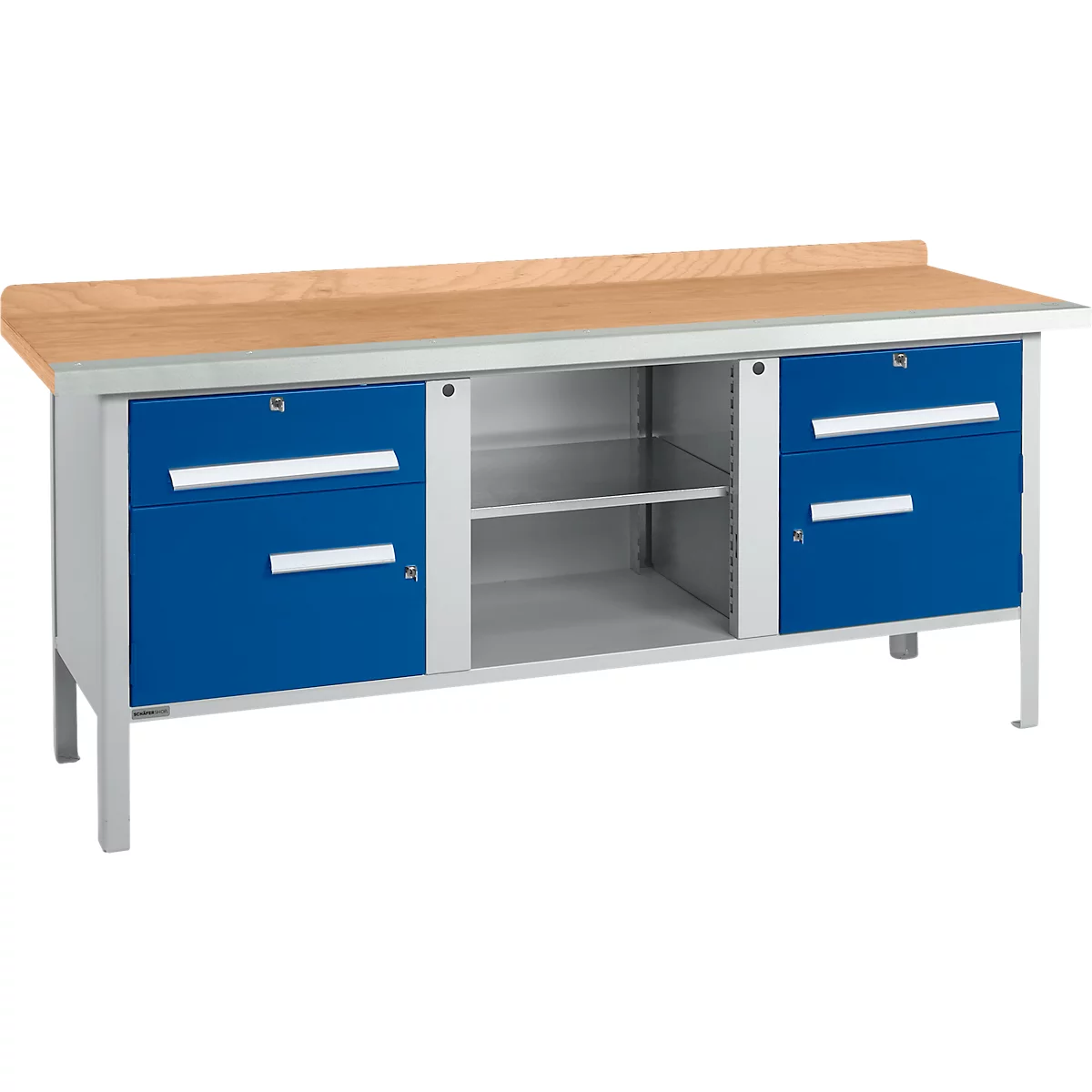 Etabli à caisson Schäfer Shop Select PW 200-0, plateau en hêtre multiplex, avec chant en acier, jusqu'à 750 kg, L 2000 x P 700 x H 840 mm, bleu gentiane