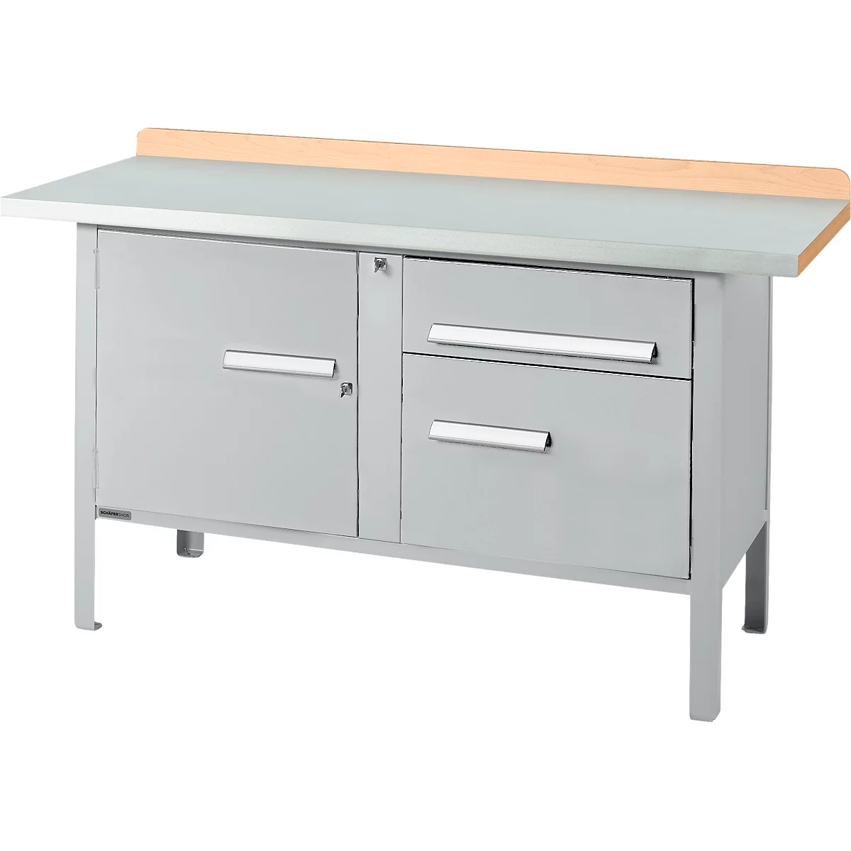 Établi à caisson Schäfer Shop Select PWi 150-3, plateau en hêtre multiplex, avec couvercle en acier, jusqu'à 750 kg, L 1500 x P 700 x H 840 mm, aluminium blanc