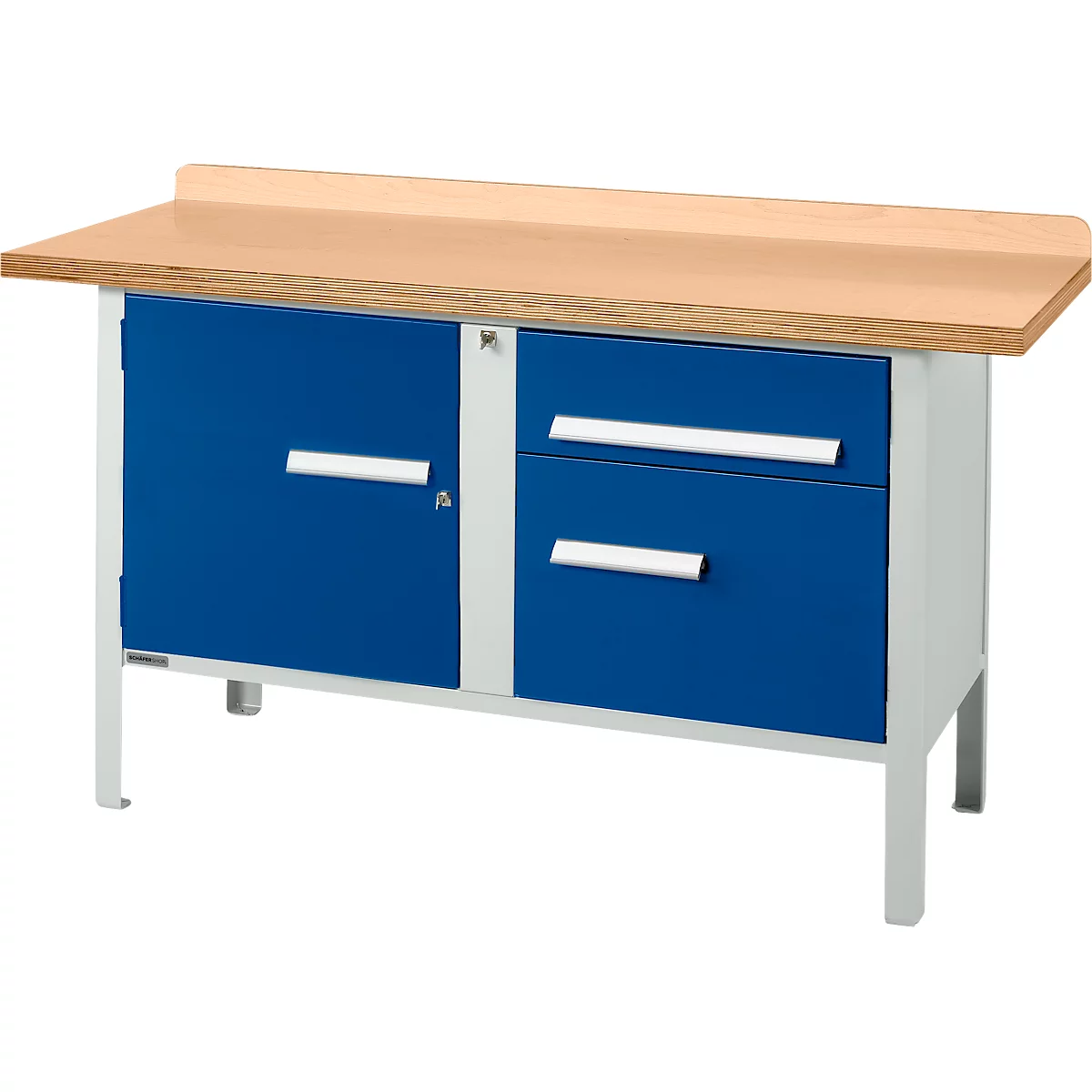 Établi à caisson Schäfer Shop Select PWi 150-3, plateau en hêtre multiplex, jusqu'à 750 kg, L 1500 x P 700 x H 840 mm, bleu gentiane