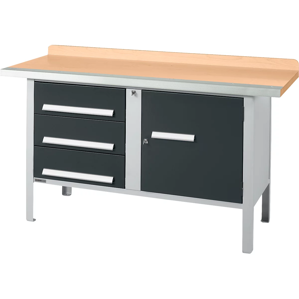 Établi avec dessus en bois, tiroirs et armoire. Gris, bois et métal.