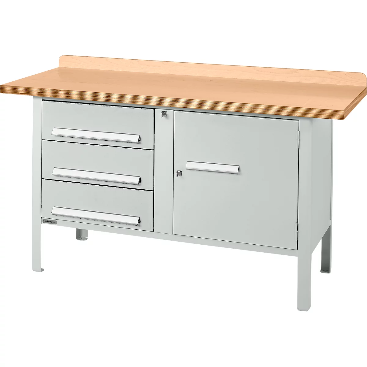 Établi à caisson Schäfer Shop Select PWi 150-4, plateau en hêtre multiplex, jusqu'à 750 kg, L 1500 x P 700 x H 840 mm, gris clair
