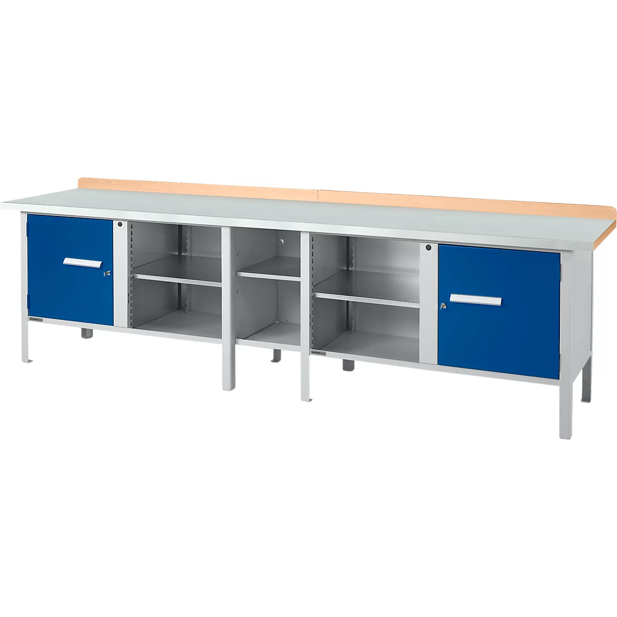 Etabli à caisson Schäfer Shop Select PWi 300-1, ESD, plateau en hêtre multiplex, avec couvercle en acier, jusqu'à 750 kg, L 3000 x P 700 x H 840 mm, bleu gentiane/aluminium blanc