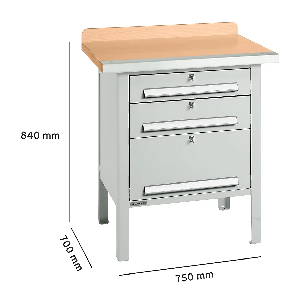 Établi avec tiroirs et plateau en bois. Dimensions : 840 mm de haut, 700 mm de profondeur et 750 mm de large.