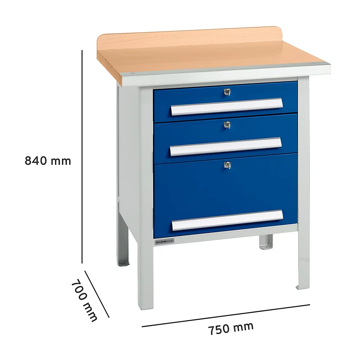Table d'atelier bleue avec trois tiroirs, plateau en bois et pieds en métal. Dimensions : 840 mm de haut, 700 mm de large, 750 mm de profondeur.