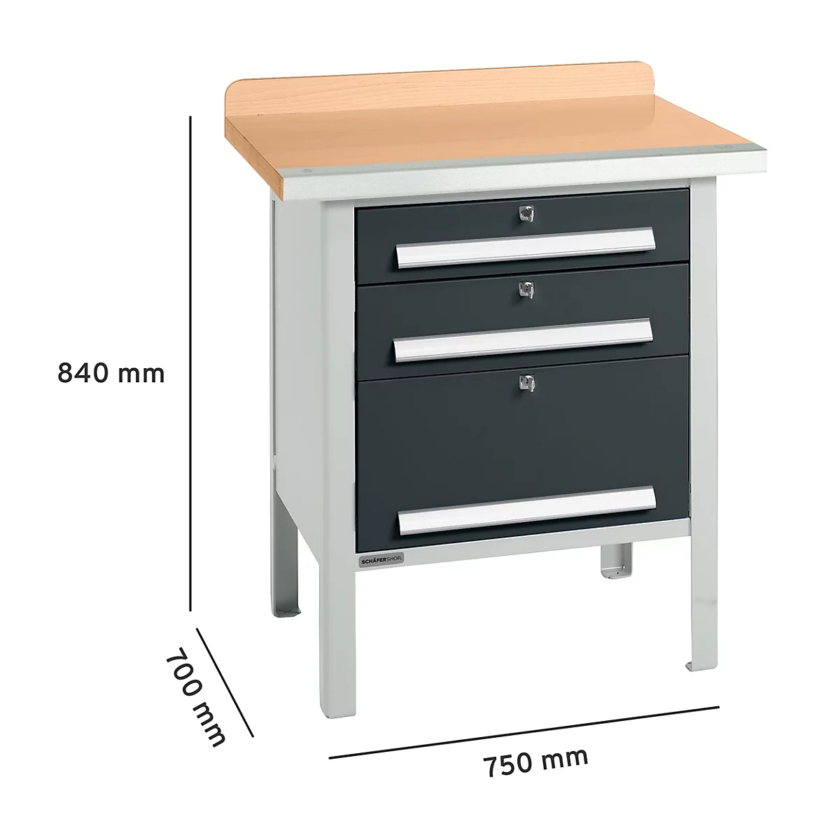 Établi avec plateau en bois, tiroirs gris et poignées blanches. Dimensions : 840 x 700 x 750 mm.