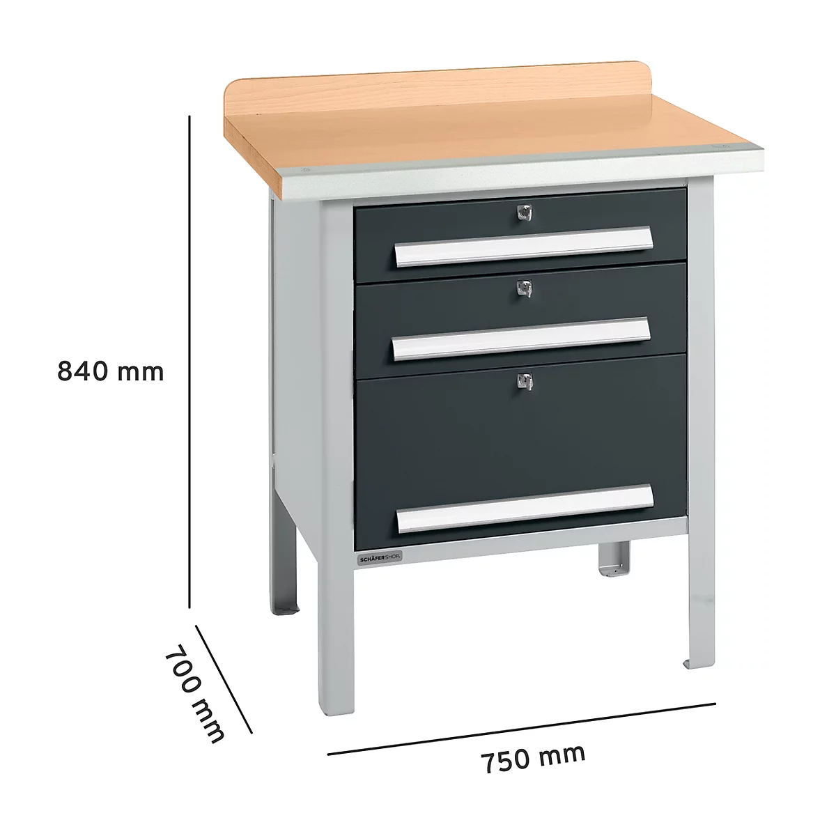 Établi avec tiroirs ; dimensions : 840 mm de haut, 700 mm de profondeur et 750 mm de largeur.