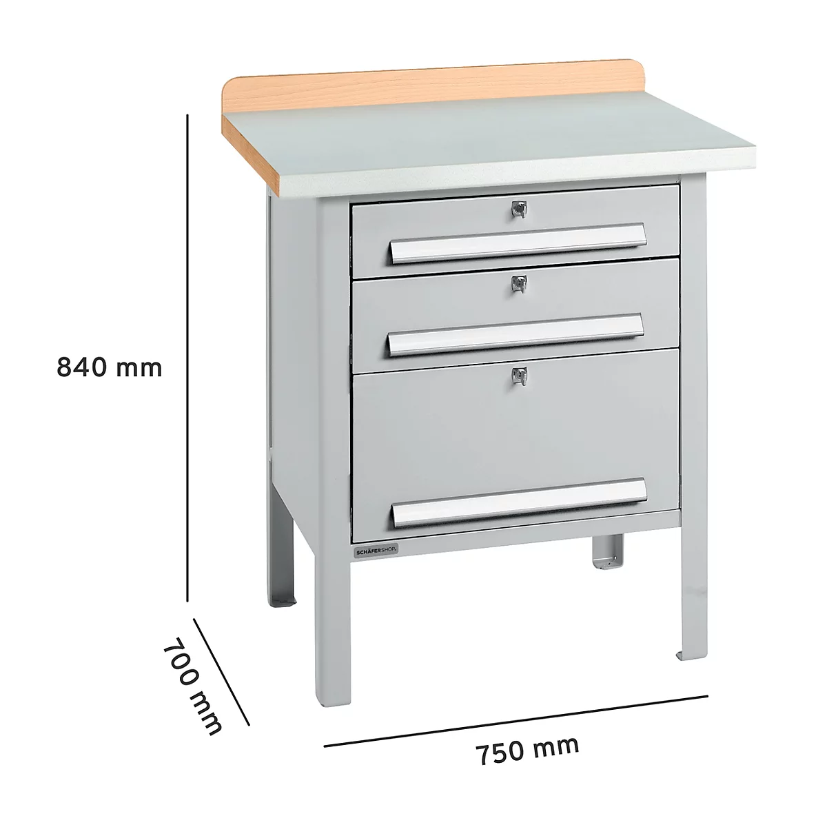 Table d'atelier grise avec trois tiroirs, plateau en bois et dimensions.
