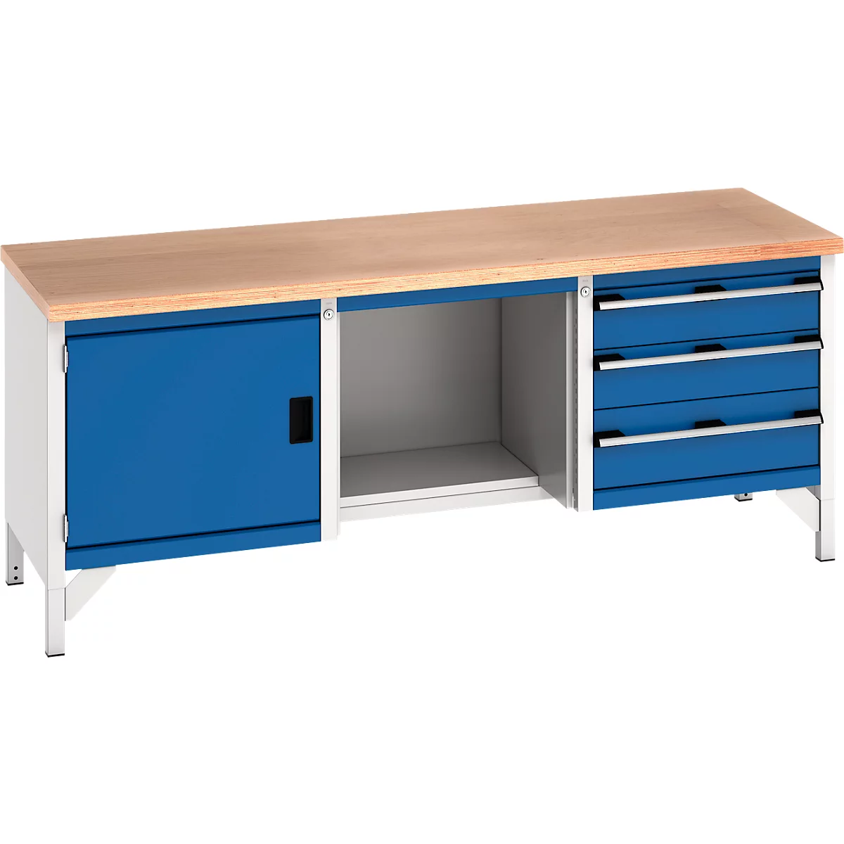 Établi avec porte et tiroirs bleus, plan de travail en bois. L'établi repose sur des pieds blancs.