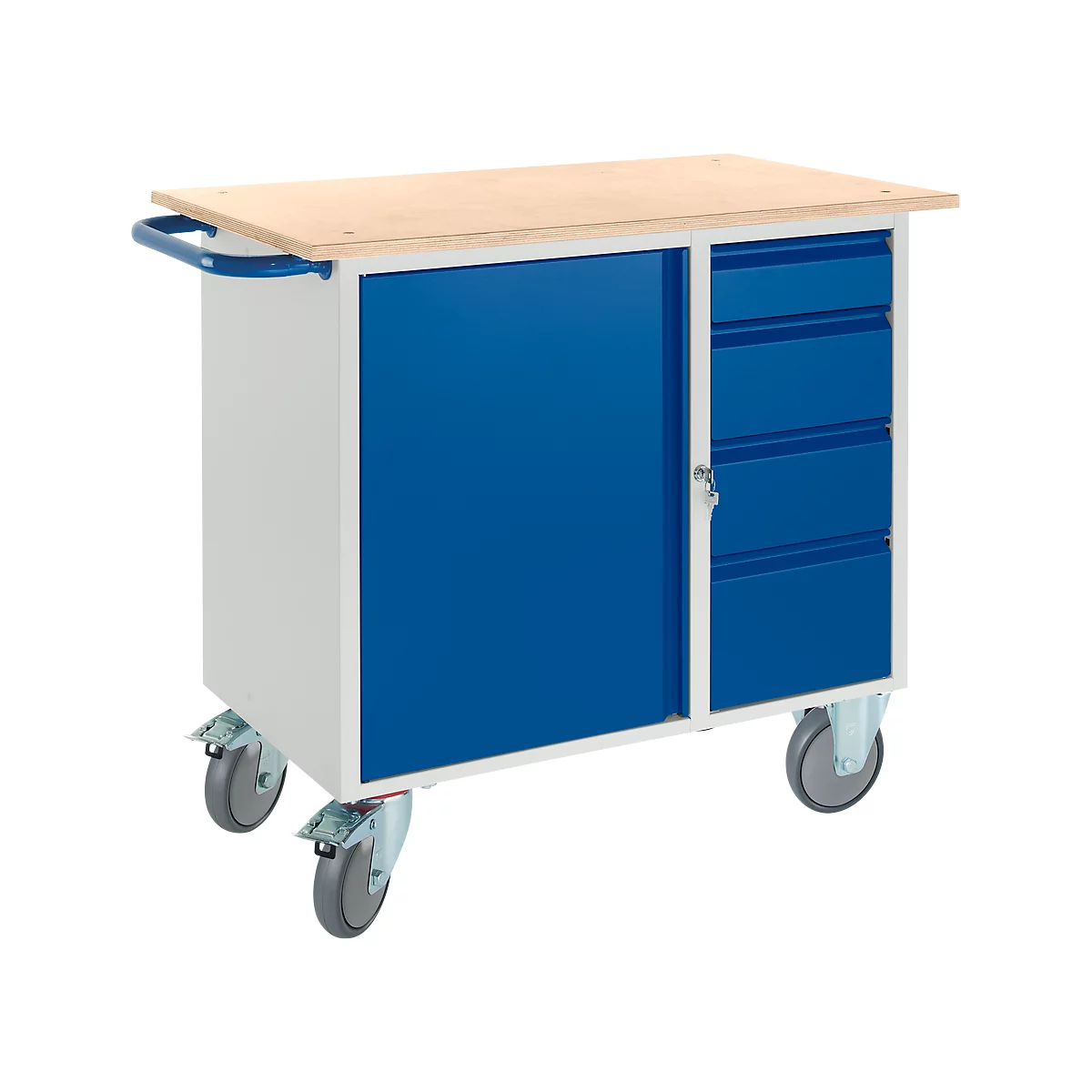 Établi avec armoire, 4 tiroirs et 2 roues directionnelles/2 roues fixes
