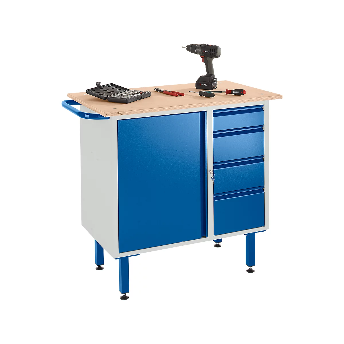Établi avec armoire, 4 tiroirs et pieds ajustables