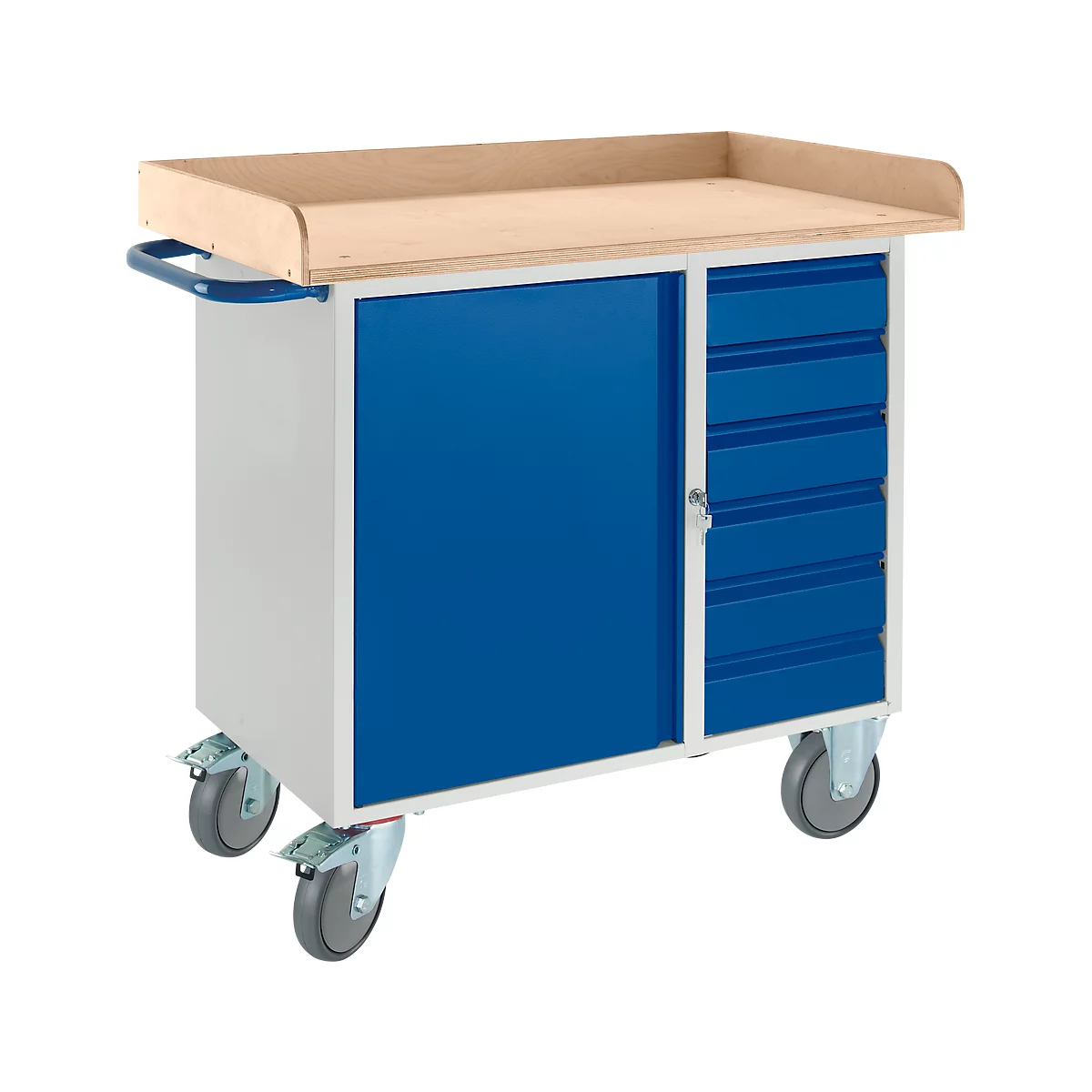 Établi avec armoire, 6 tiroirs, bordure trilatérale en bois, 2 roues directionnelles/2 roues fixes
