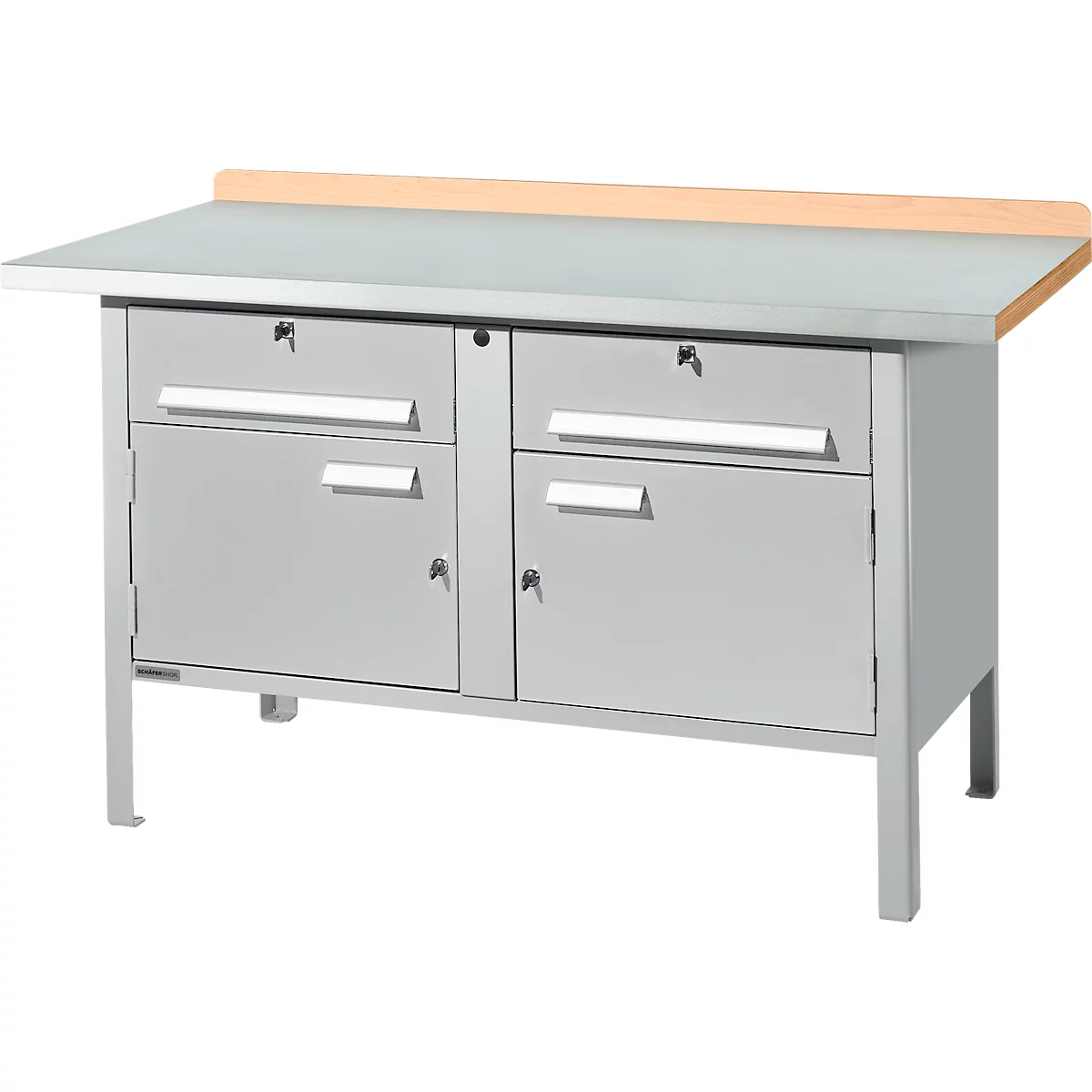 Etabli avec armoires Schäfer Shop Select PWi 150-0, ESD, plateau en hêtre multiplex, avec recouvrement en acier, jusqu'à 750 kg, L 1500 x P 700 x H 840 mm, aluminium blanc