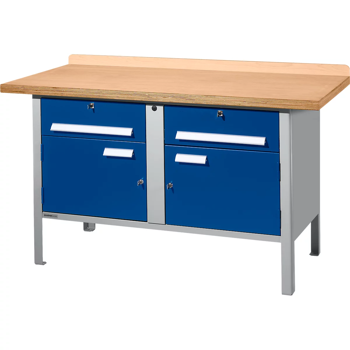 Etabli avec armoires Schäfer Shop Select PWi 150-0, plateau en hêtre multiplex, jusqu'à 750 kg, L 1500 x P 700 x H 840 mm, bleu gentiane/aluminium blanc