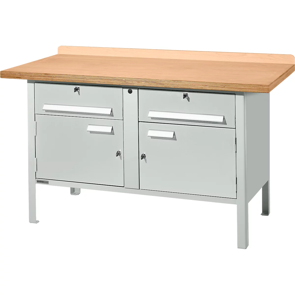 Etabli avec armoires Schäfer Shop Select PWi 150-0, plateau en hêtre multiplex, jusqu'à 750 kg, L 1500 x P 700 x H 840 mm, gris clair