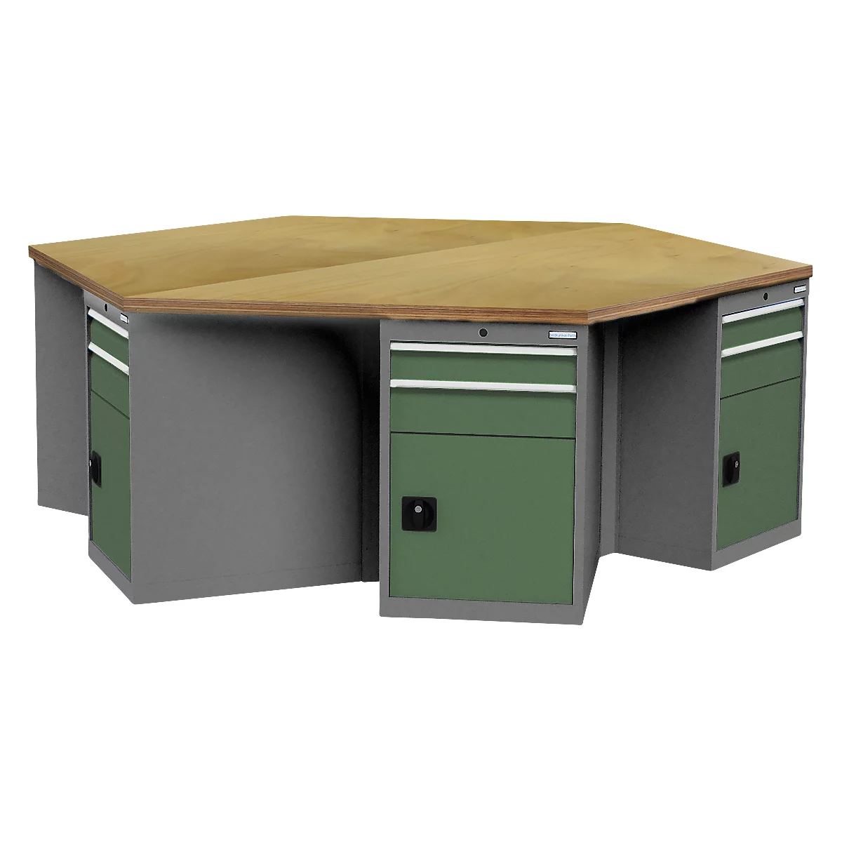 Etabli Bedrunka+Hirth, hexagonal, plan de travail en multiplex hêtre, 6 armoires à tiroirs avec 2 tiroirs chacune + porte battante, verrouillable, L 2500 x P 2165 x H 859 mm