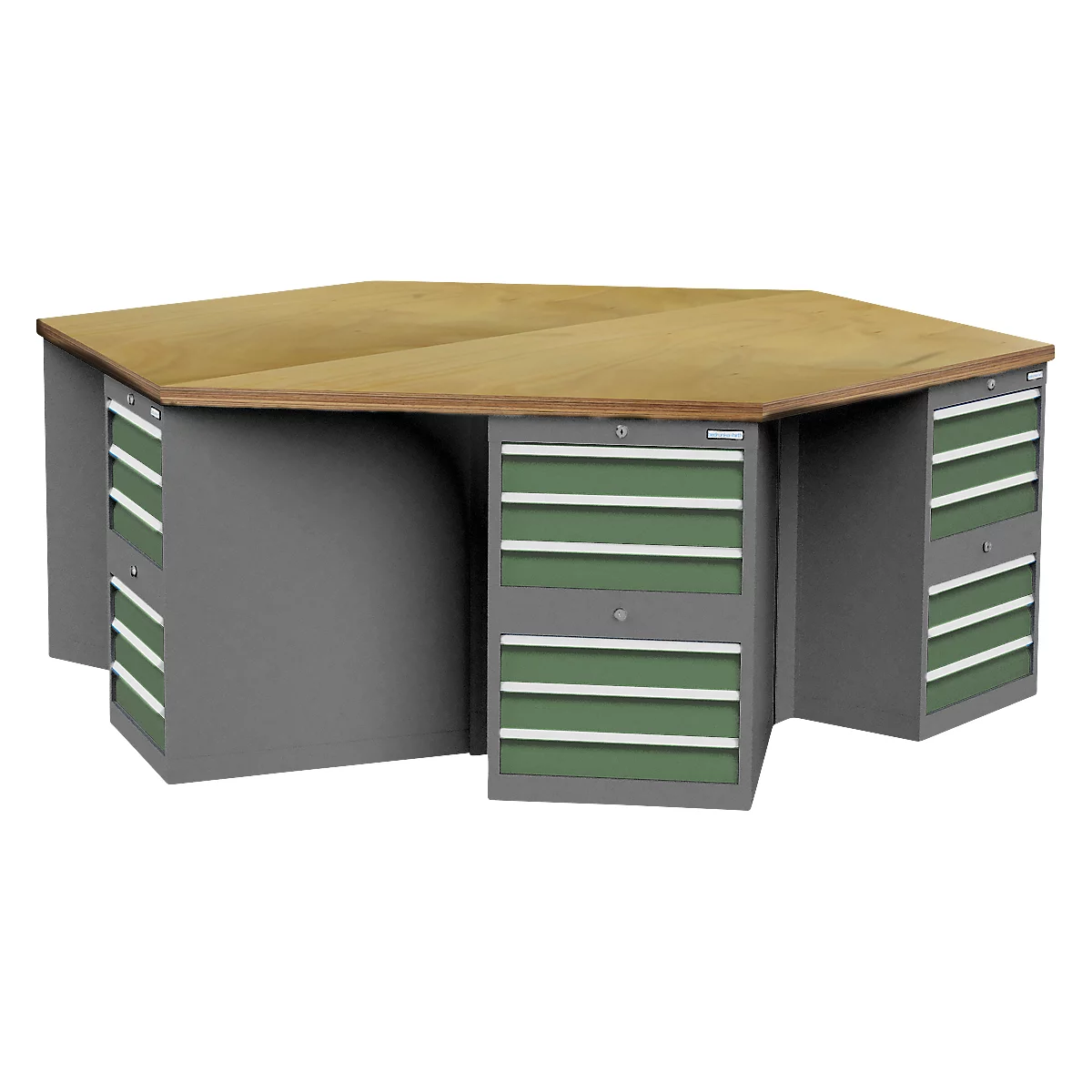 Etabli Bedrunka+Hirth, hexagonal, plan de travail en multiplex hêtre, 6 armoires à tiroirs avec 6 tiroirs chacune, verrouillables, L 2500 x P 2165 x H 859 mm