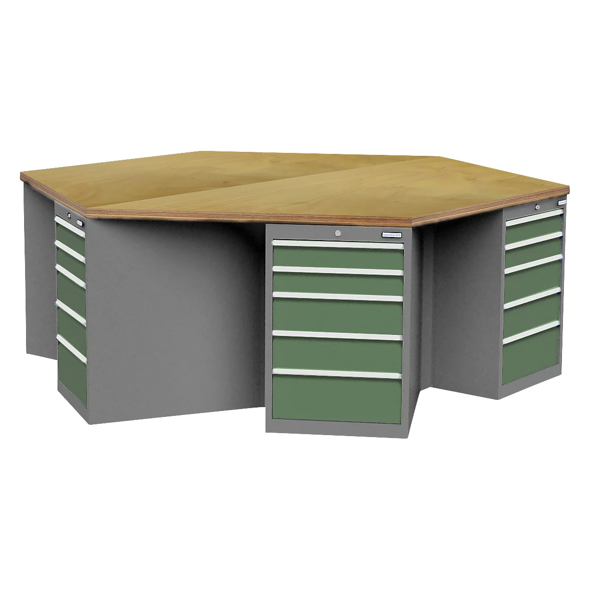 Etabli Bedrunka+Hirth, hexagonal, plateau de travail en multiplex hêtre, 6 armoires à tiroirs de 5 tiroirs chacune, verrouillables, L 2500 x P 2165 x H 859 mm