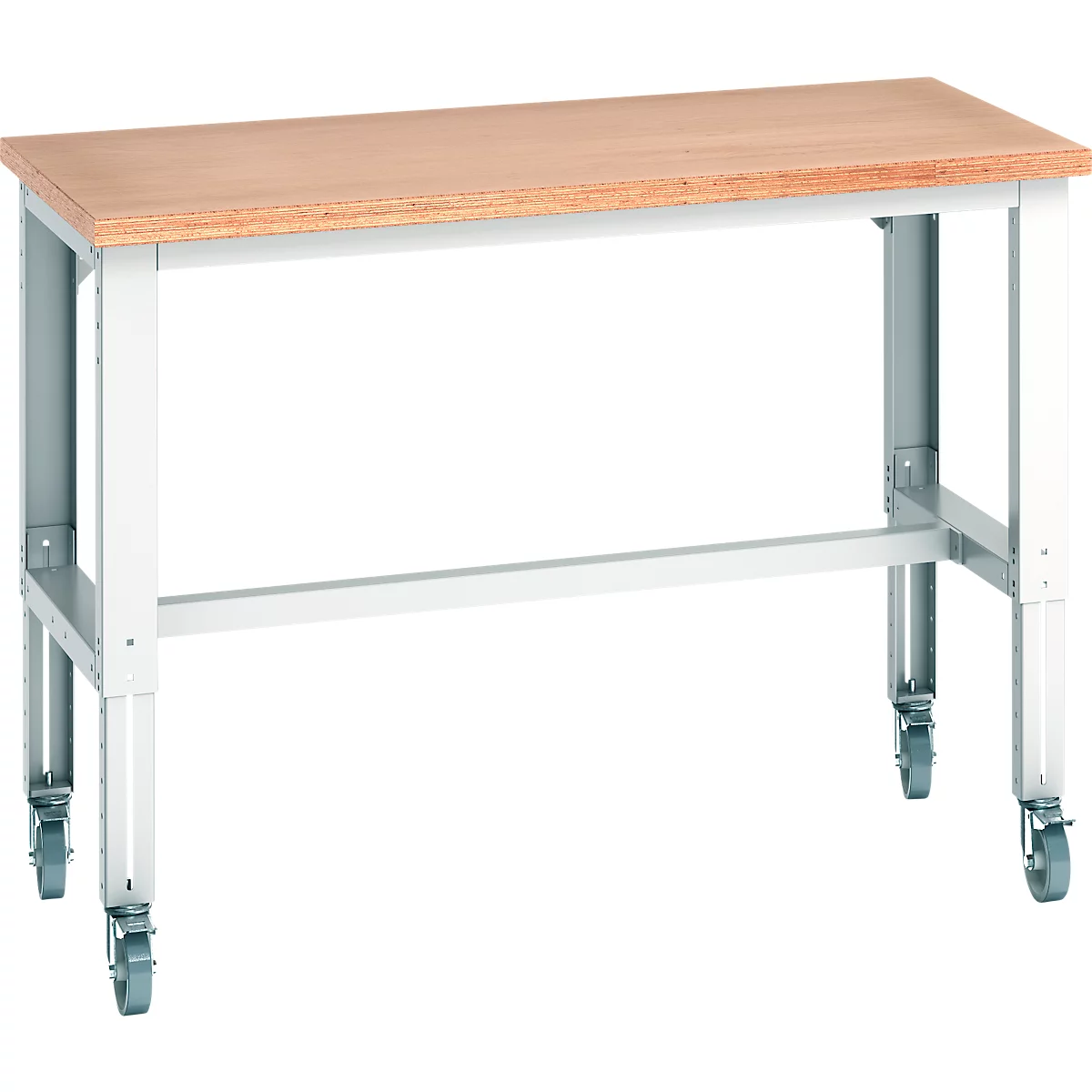 Établi avec plateau en bois, cadre gris clair et roulettes. L'établi se dresse sur fond blanc.
