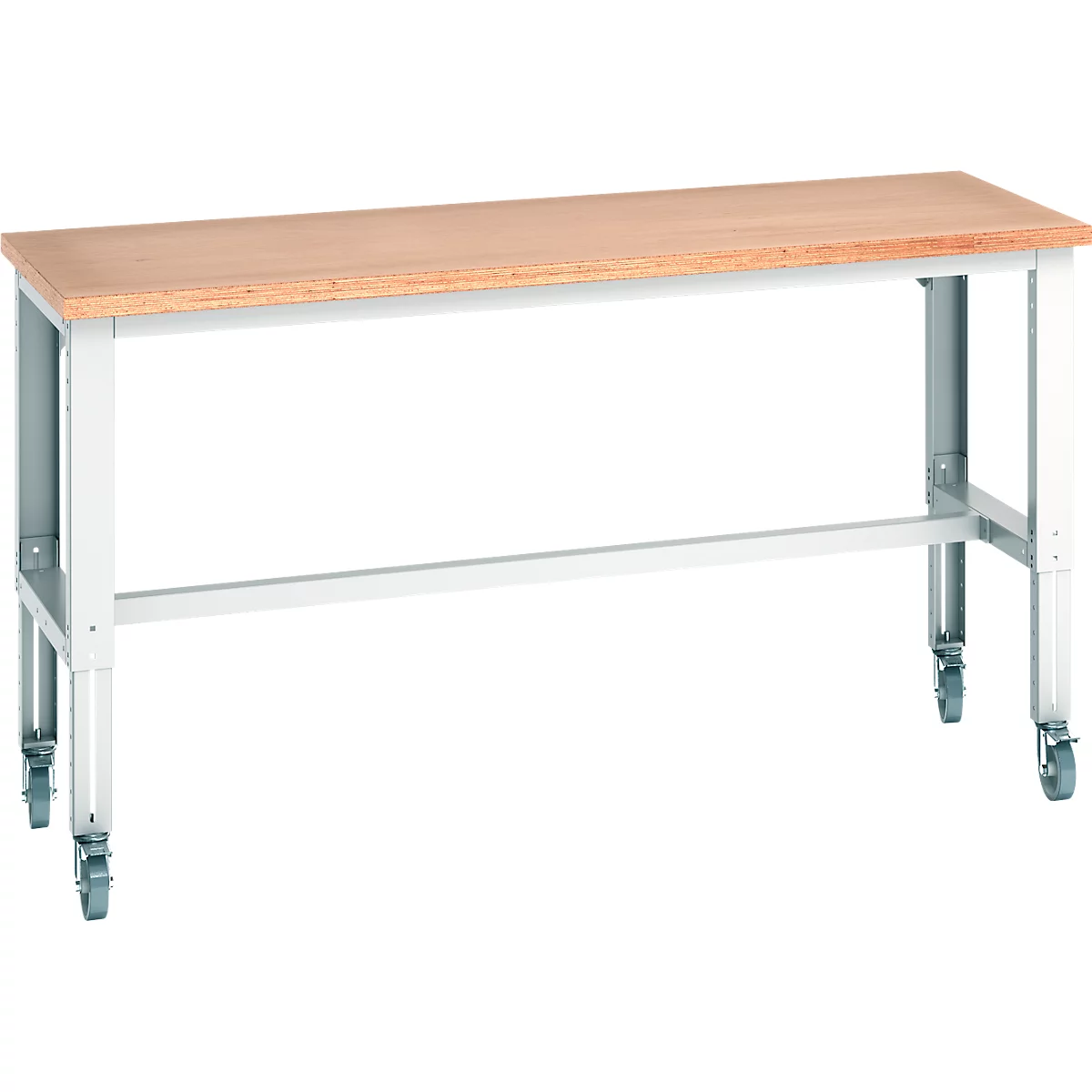Établi avec plateau en bois, cadre en métal gris clair et roulettes.