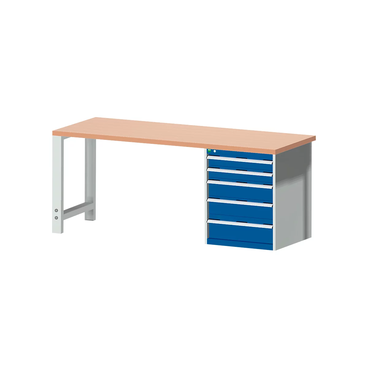 Établi avec un plateau marron clair et des tiroirs bleus. Les pieds de la table sont gris.