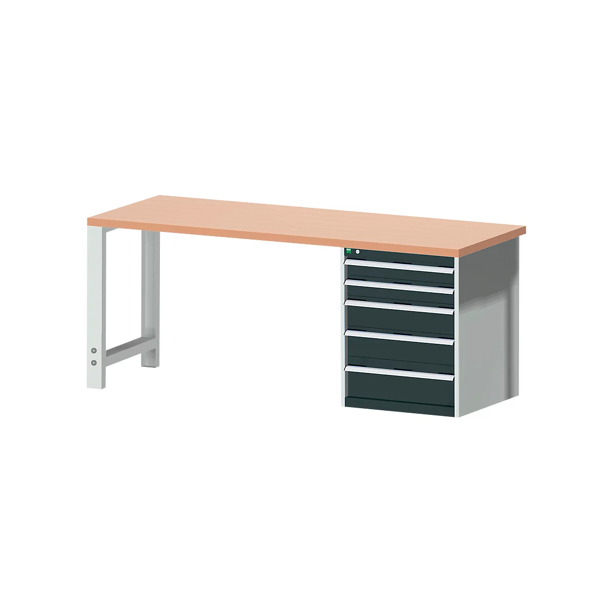 Établi avec plan de travail marron clair, pieds gris et armoire à tiroirs.