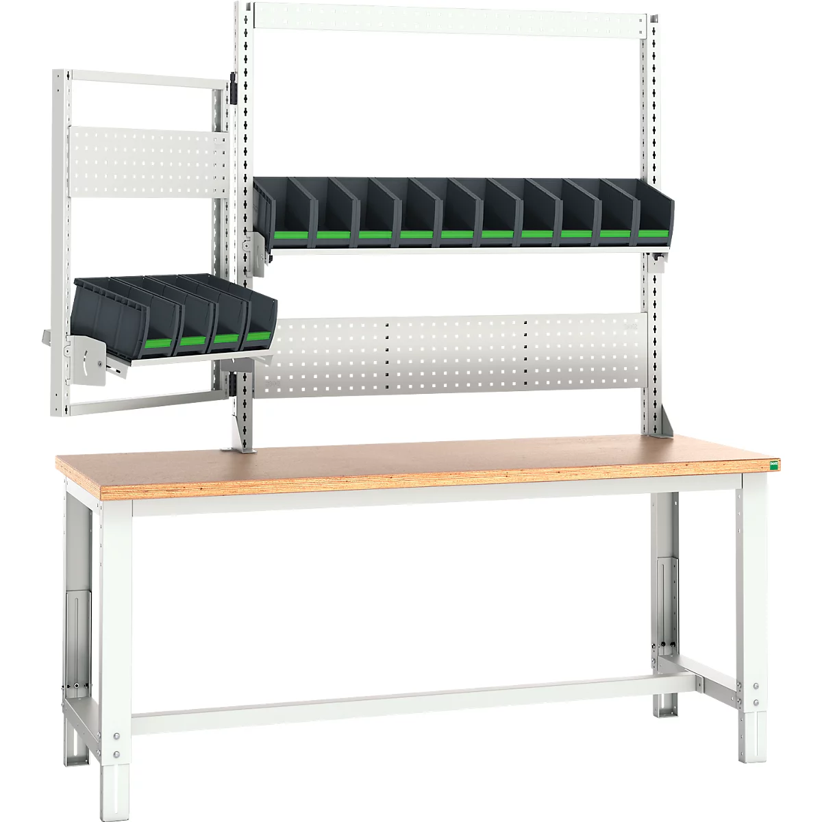 Etabli Bott cubio, avec cadre de réception et cadre pivotant, plateau multiplex en hêtre, jusqu'à 800 kg, L 2000 x P 750 mm, gris clair