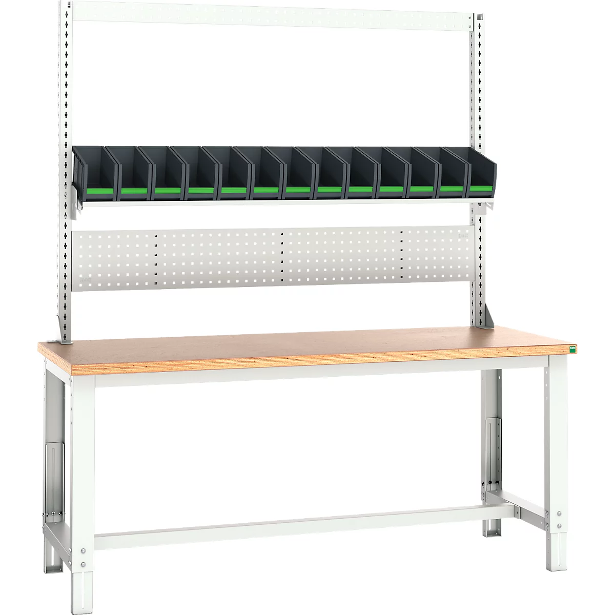 Etabli Bott cubio, avec cadre de réception, plateau en hêtre multiplex, jusqu'à 800 kg, L 2000 x P 750 mm, gris clair