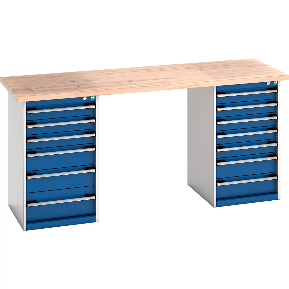 Établi avec plateau en bois, deux meubles à tiroirs bleus, poignées argentées.