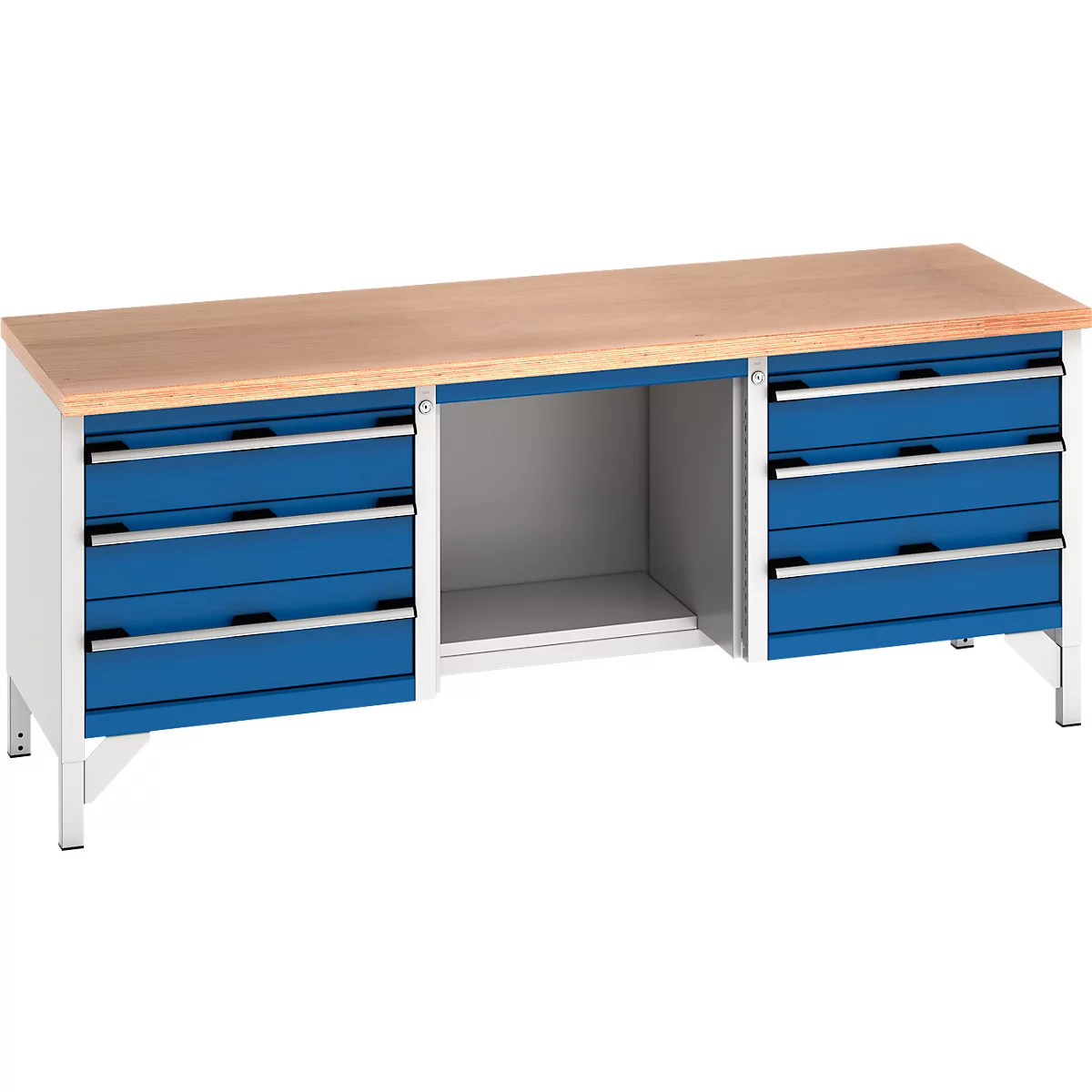 Établi avec tiroirs bleus, dessus en bois et cadre blanc.