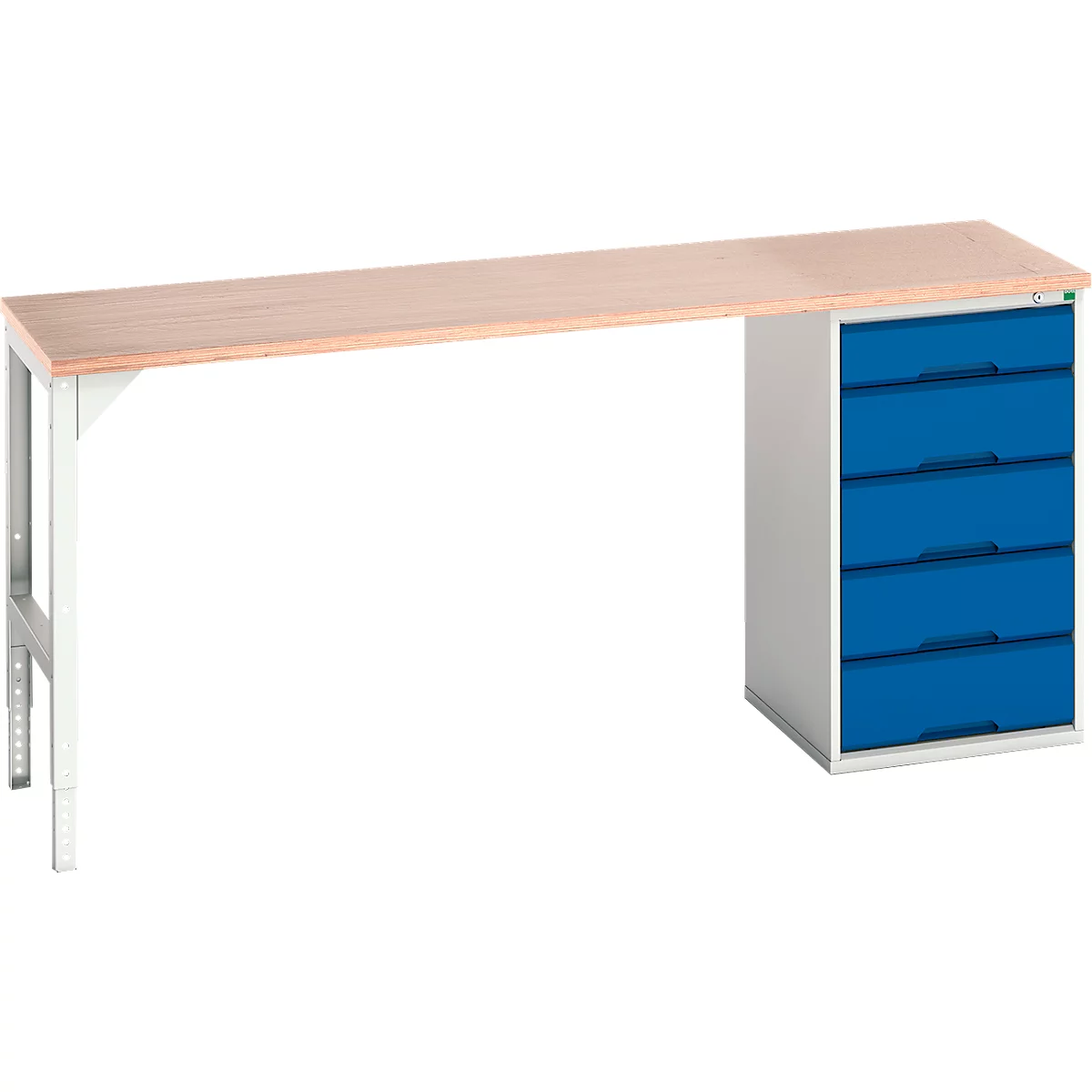 Etabli Bott verso, jusqu'à 600 kg, 5 tiroirs, L 2000 x P 600 x H 930 mm, hêtre multiplex, acier, gris