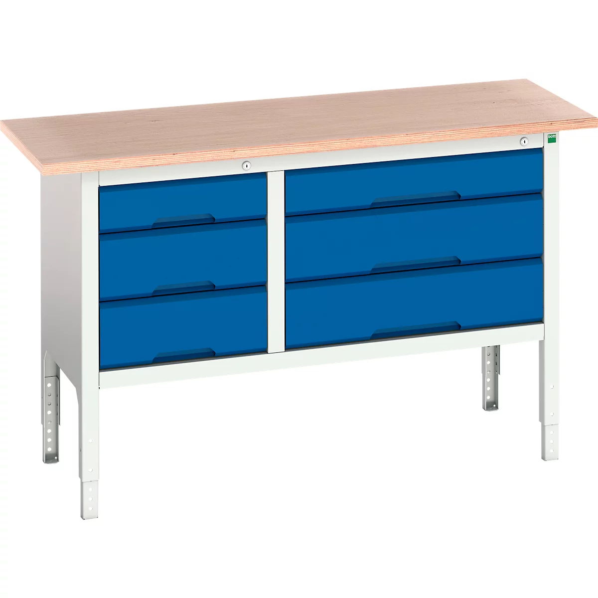 Etabli Bott verso, jusqu'à 600 kg, 6 tiroirs, L 1500 x P 600 x H 830 - 930 mm, hêtre multiplex, acier, gris clair RAL 7035 / bleu gentiane RAL 5010