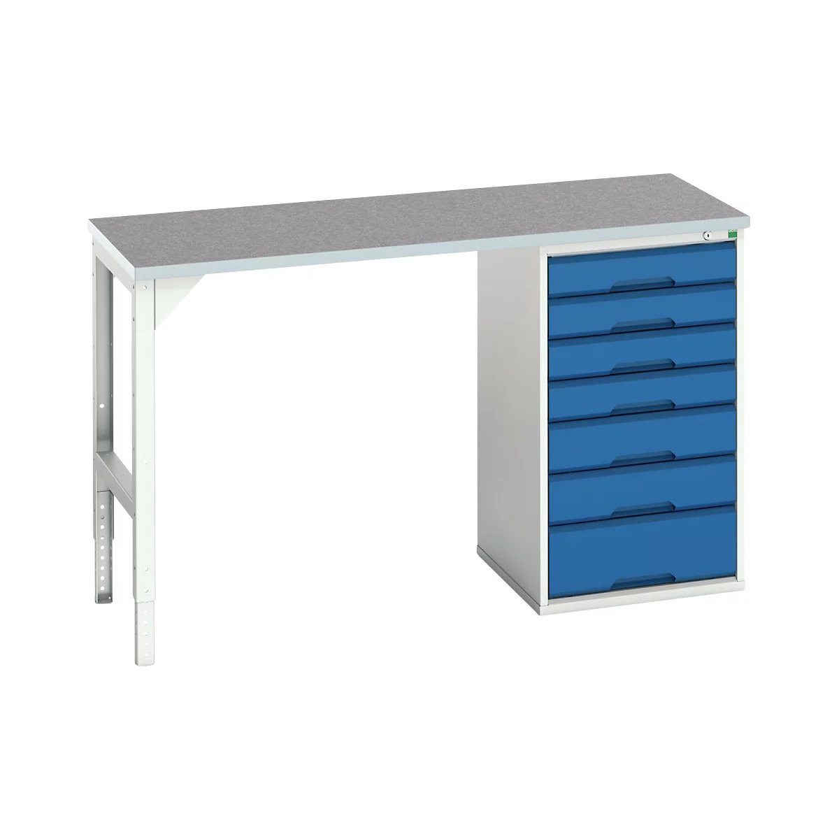 Établi Bott verso, plateau en linoléum, 7 tiroirs, L 1500 x P 600 x H 930 mm, gris clair / bleu gentiane