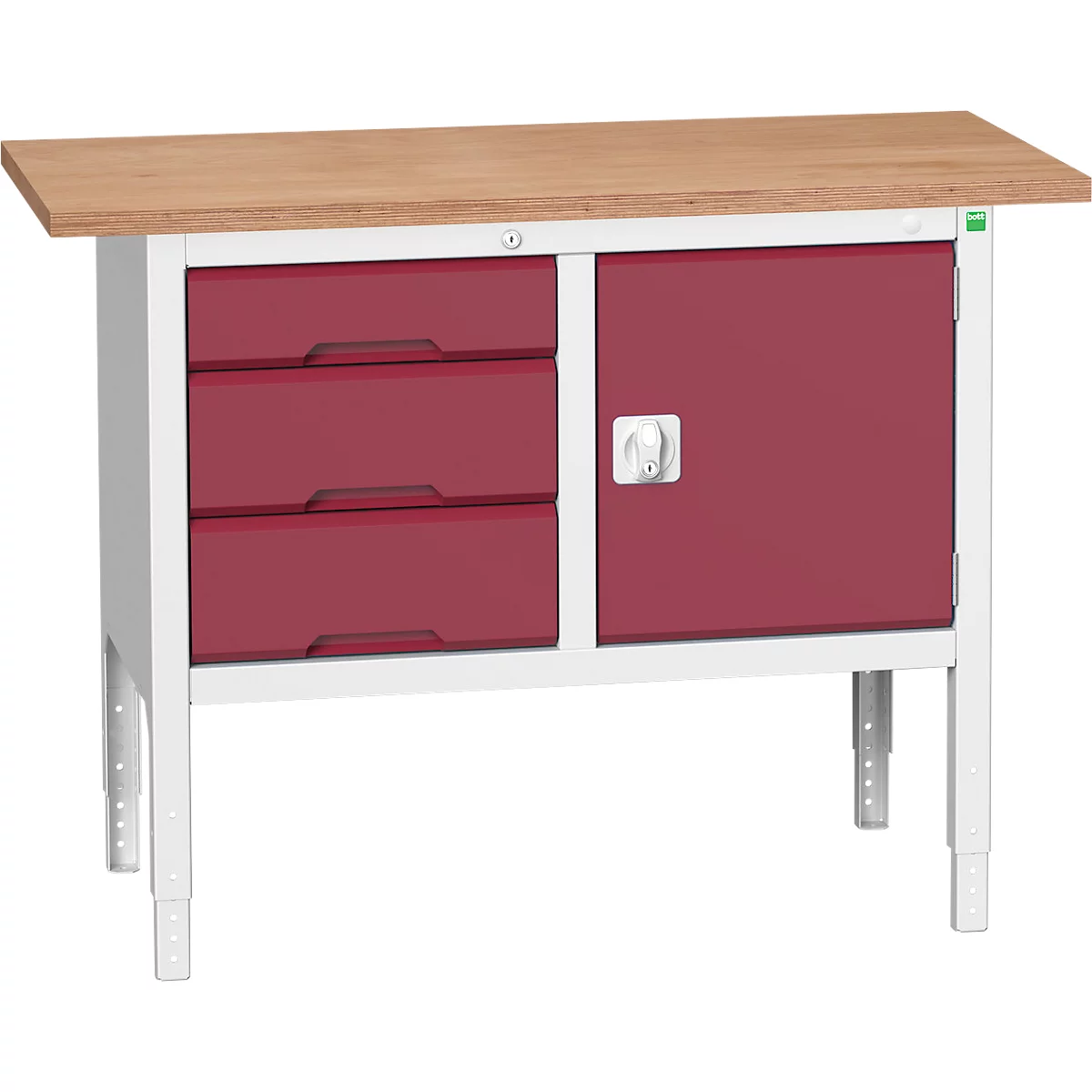 Établi Bott verso, plateau en multiplex, 3 tiroirs &amp; 1 porte, L 1250 x P 600 x H 830 - 930 mm, RAL 7035 gris clair / rouge pourpre