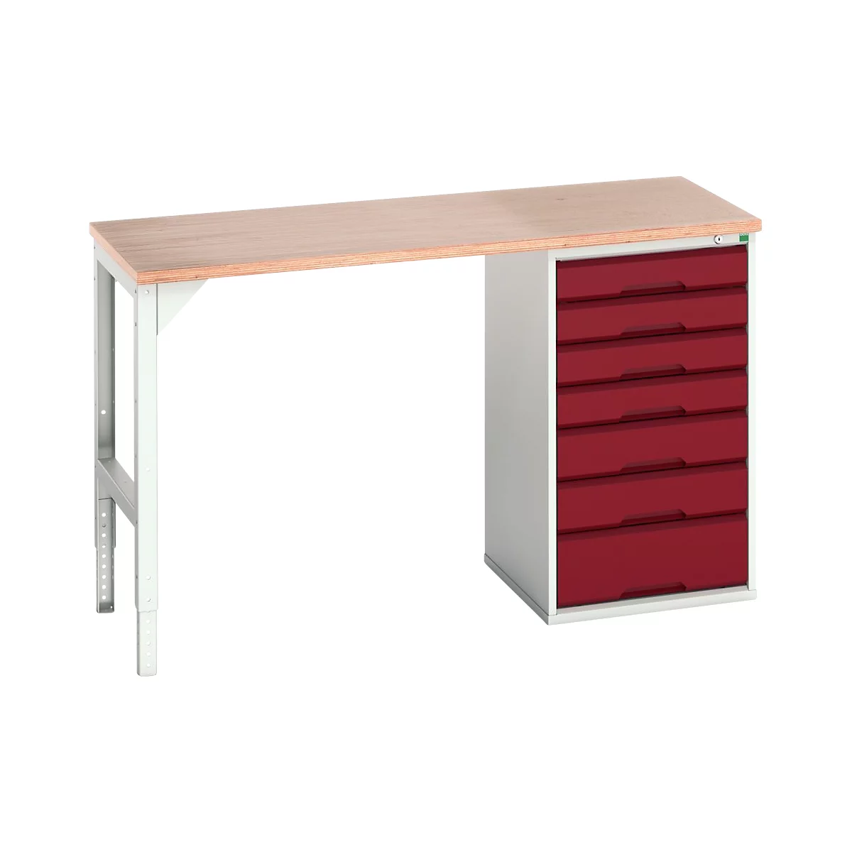 Etabli Bott verso, plateau en multiplex, 7 tiroirs, L 1500 x P 600 x H 930 mm, gris clair / rouge pourpre