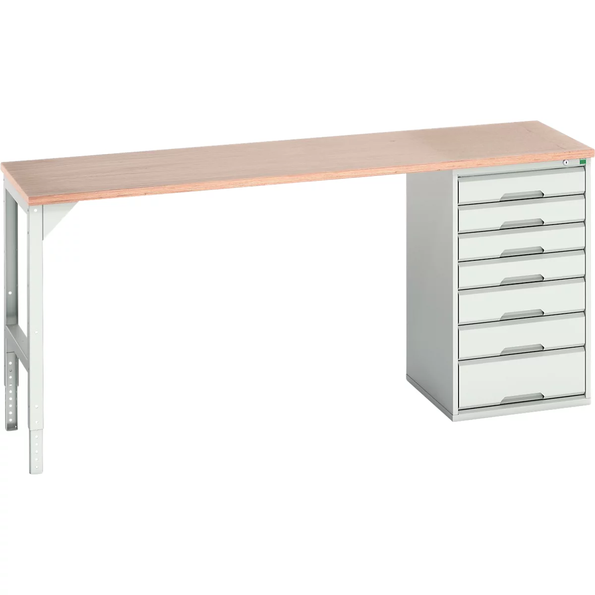 Établi Bott verso, plateau en multiplex, 7 tiroirs, L 2000 x P 600 x H 930 mm, gris clair