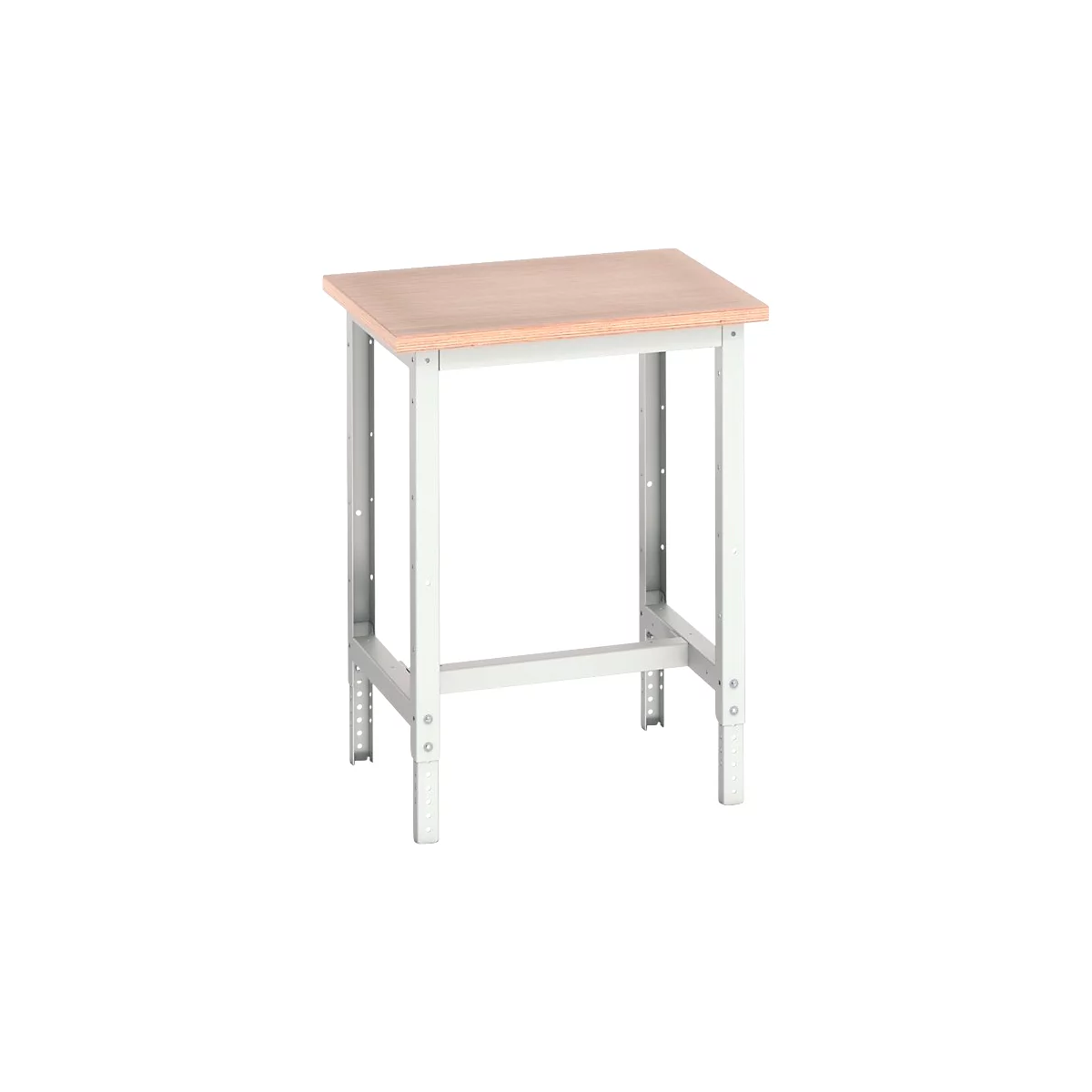 Établi avec plateau en bois et cadre en métal clair. Les pieds sont réglables en hauteur. Le fond est blanc.