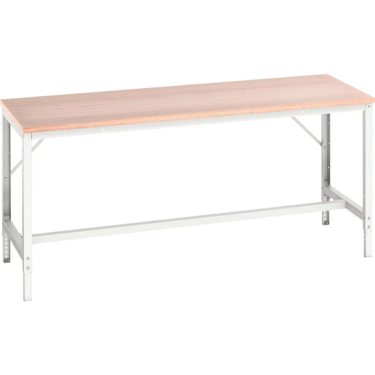 Établi rectangulaire avec un plateau en bois clair et une structure en métal gris clair sur fond blanc.