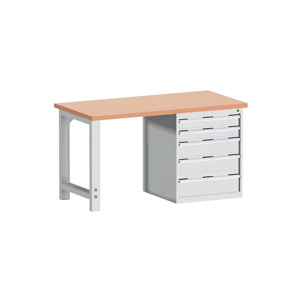 Établi avec plan de travail brun clair, pieds gris et armoire à 6 tiroirs.