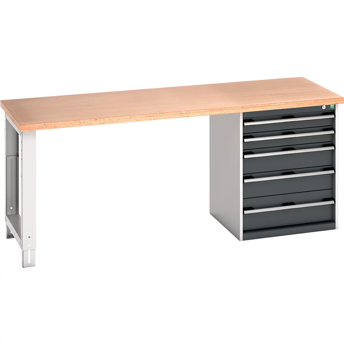 Établi avec plateau en bois, tiroirs gris-noir et cadre gris clair.
