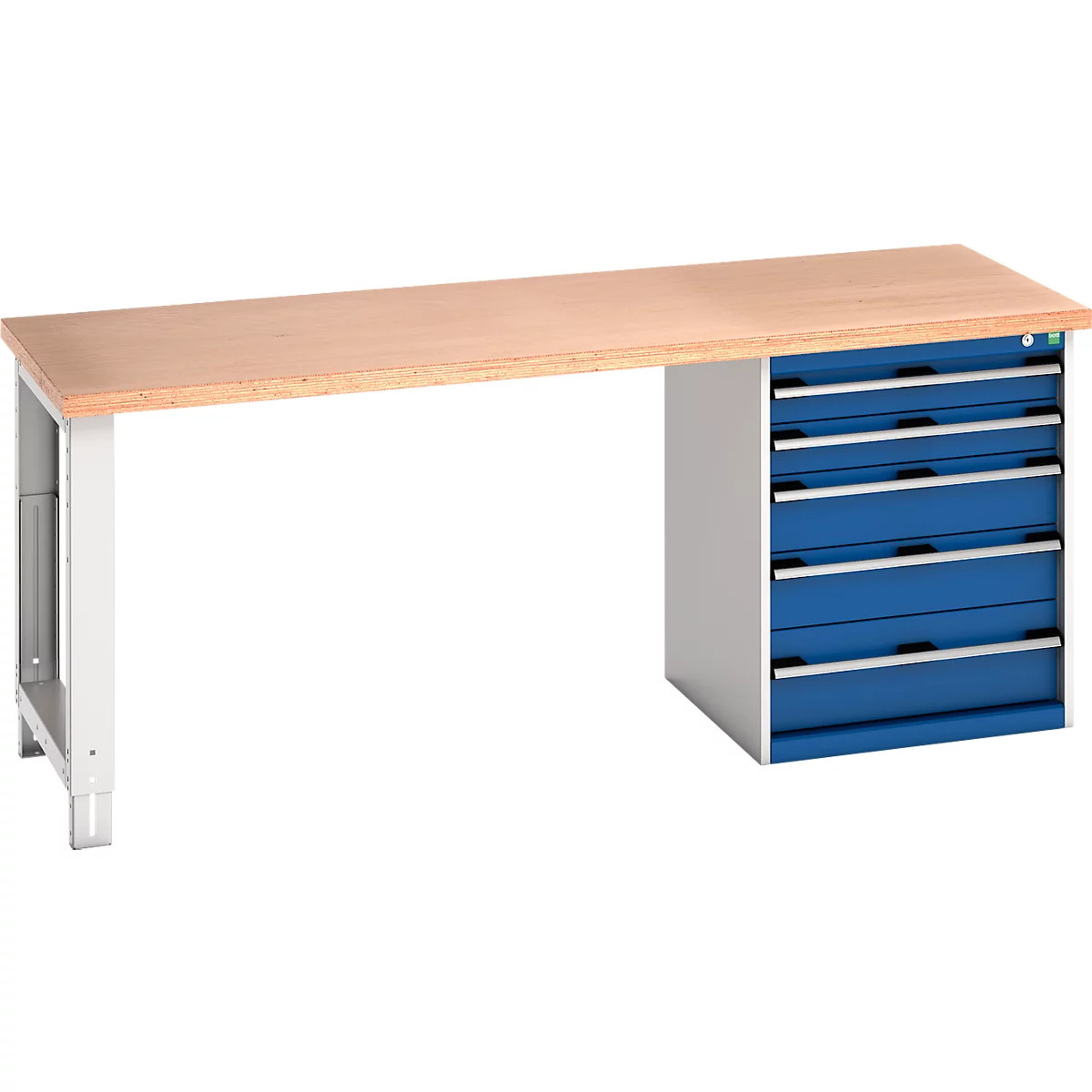 Établi avec dessus en bois, cadre blanc et tiroirs bleus. Ouvert à gauche et à droite.