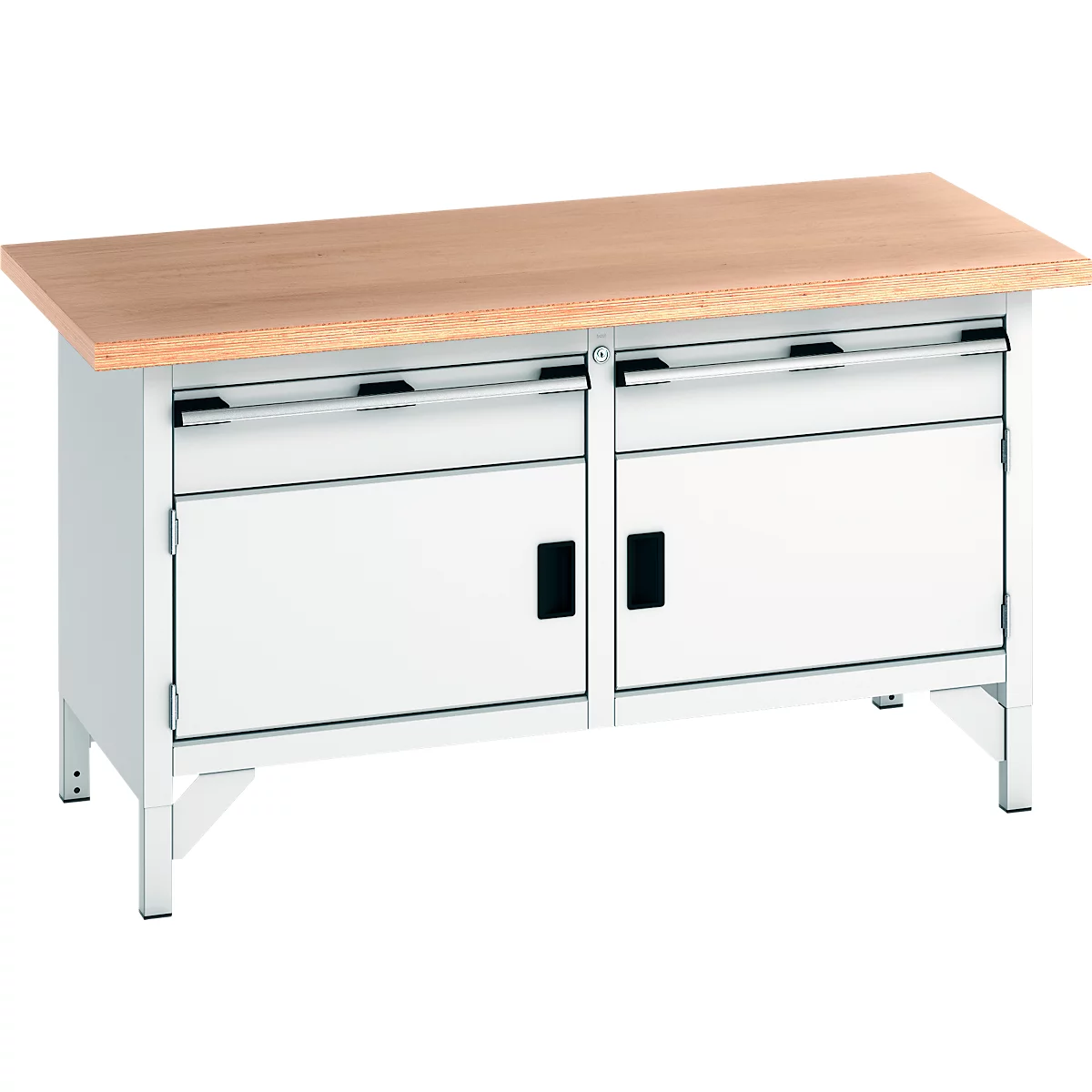 Établi avec plateau en bois brun clair, corps blanc, deux tiroirs et deux portes.