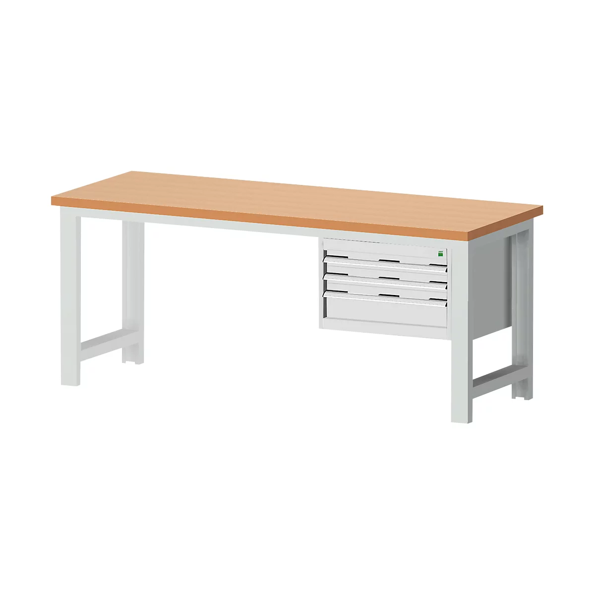 Établi avec plateau en bois et tiroirs. Pieds gris clair, dessus de table couleur bois. Bloc de tiroirs avec trois tiroirs.