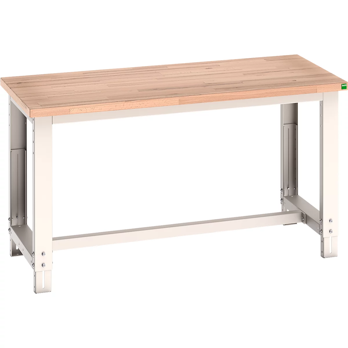 Établi avec plateau en bois et cadre en métal blanc. Le plateau est en bois, les pieds sont en métal. L'établi est posé sur un fond blanc.