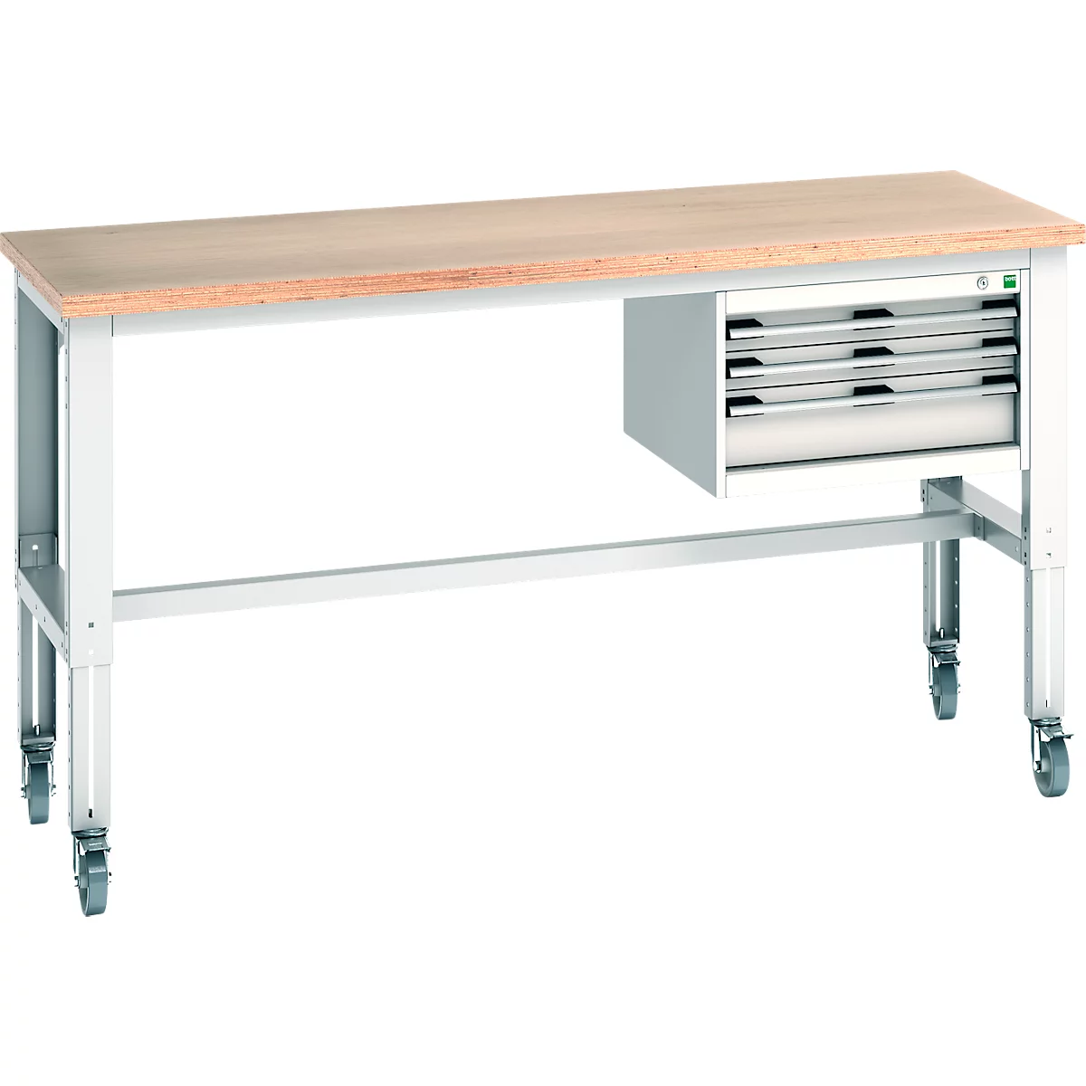 Établi avec dessus en bois, pieds en acier gris et bloc de tiroirs sur roulettes.