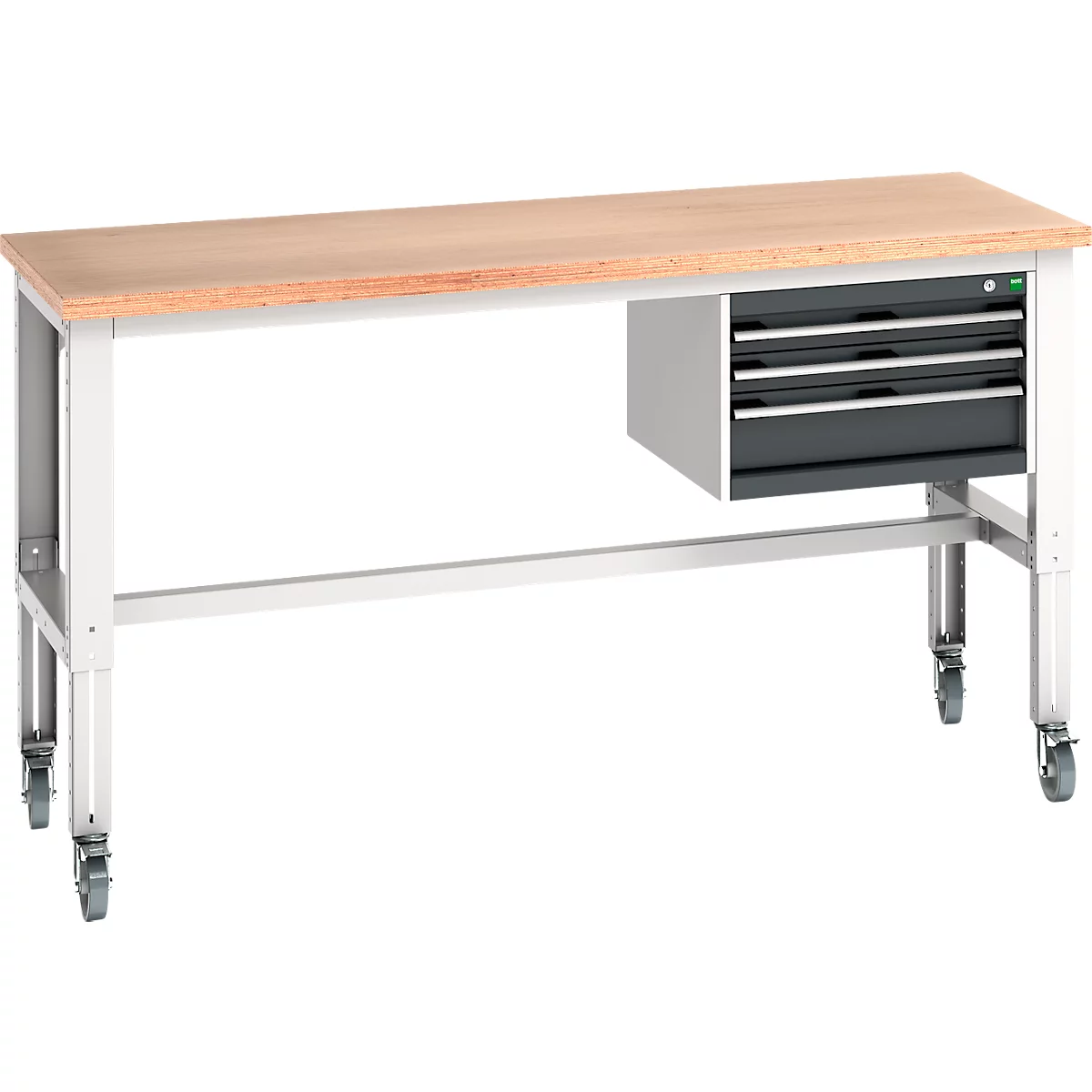 Établi avec plateau en bois, pieds gris et roulettes. Côté avec tiroirs. Gros plan.
