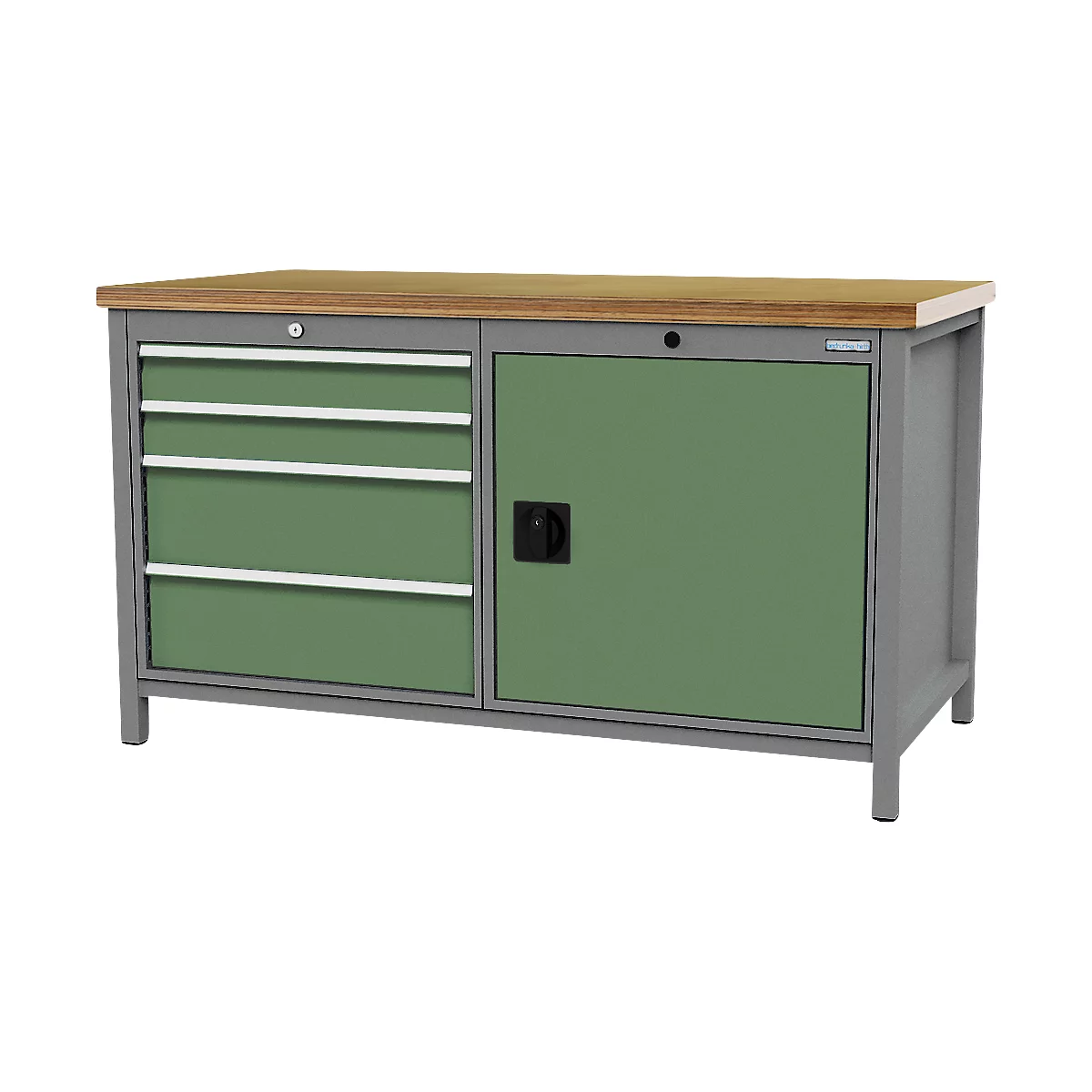 Établi en métal avec tiroirs et armoire, plateau en bois.